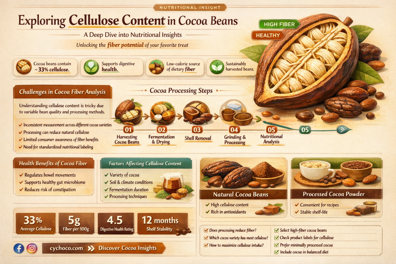 are cocoa beans high in cellulose